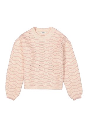 Suéter de punto rosa claro con un patrón de olas, de longitud corta, cuello redondo y puños acanalados. Tejido texturizado con detalles de trama abierta.