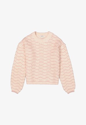 Pull en maille rose clair avec un motif en vagues, longueur cropped, col rond et poignets côtelés. Tissu texturé avec des détails à tissage ouvert.