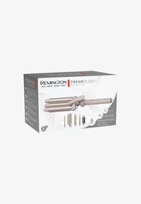 Remington Trendology 5-in-1 Multi-Styler Box, grau mit weißen Akzenten, ausgestattet mit fünf austauschbaren Aufsätzen und Produktdetails an der Seite.