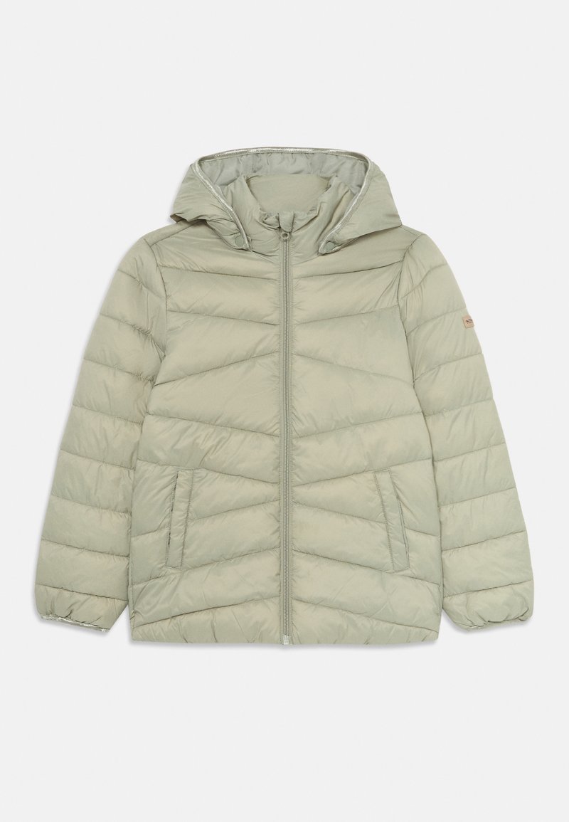 Veste matelassée en olive clair avec capuche attachée, fermeture zippée à l'avant, deux poches avant et poignets élastiques.