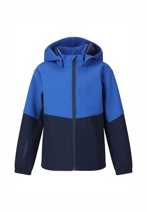 Blå og marineblå softshell-jakke med hætte, frontlynlås, lange ærmer og elastiske manchetter, vist mod en hvid baggrund.