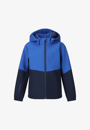 Blå og marineblå softshell-jakke med hætte, frontlynlås, lange ærmer og elastiske manchetter, vist mod en hvid baggrund.