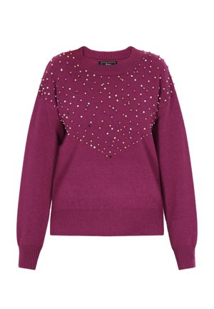 Magenta pulover s okroglim izrezom, dolgimi rokavi in okrašen z biseri različnih velikosti na zgornjem delu v prelivnem vzorcu.