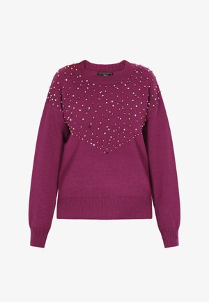 Pullover magenta con scollo rotondo, maniche lunghe e decorato con perle di varie dimensioni nella parte superiore con un motivo a gradiente.