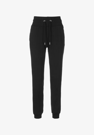 Zwarte joggingbroek van katoen, met een hoge elastische tailleband, koordsluiting en aansluitende boorden bij de enkels.