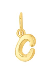 Ciondolo a forma di lettera "C" in oro con finitura lucida, dotato di un anello circolare per il fissaggio. Design compatto e leggero.
