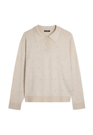 Beżowy sweter polo z długim rękawem, zapinany na trzy guziki, z prążkowanym dołem, ozdobiony rozsianymi metalicznymi kropeczkami na materiale.