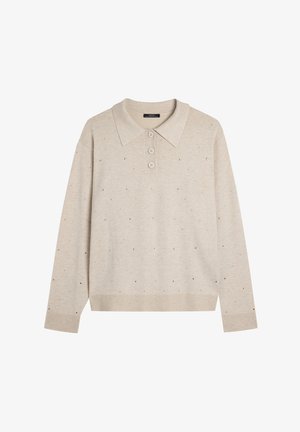 Beżowy sweter polo z długim rękawem, zapinany na trzy guziki, z prążkowanym dołem, ozdobiony rozsianymi metalicznymi kropeczkami na materiale.