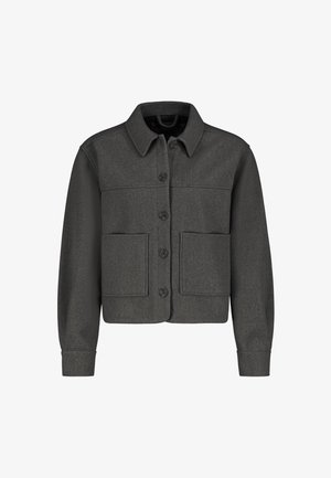 Graue Jacke aus strukturiertem Stoff mit Knopfverschluss, Kragen und zwei großen Taschen vorne, langen Ärmeln und cropped Design.