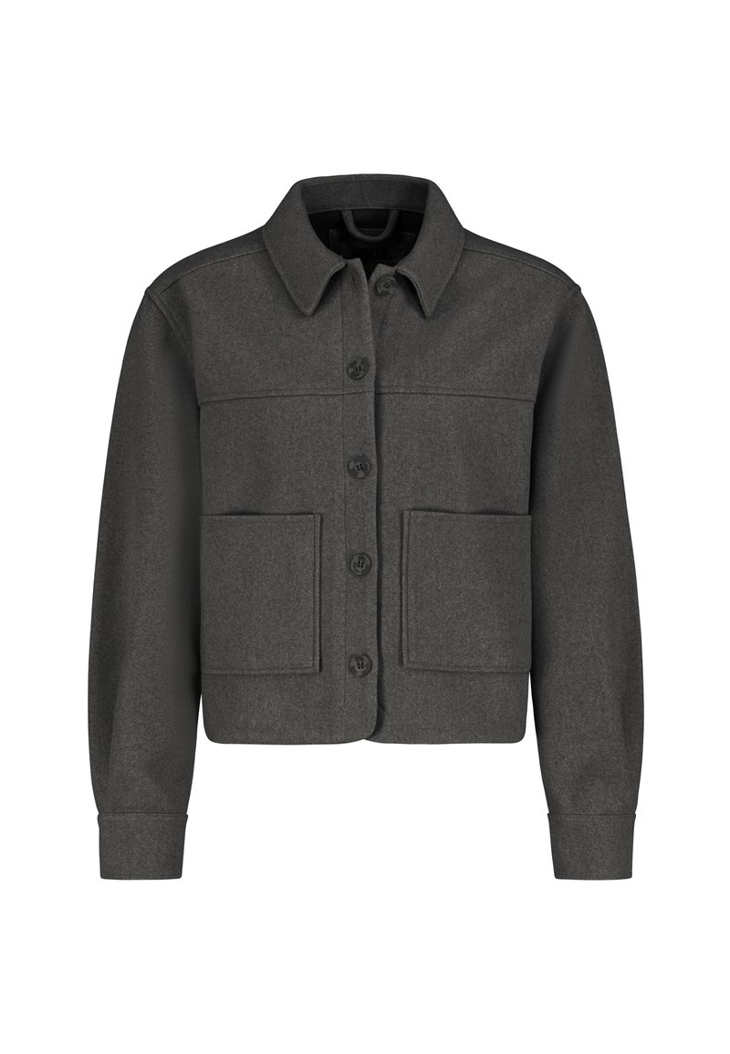 Grijze jas van een textuurstof met een knopenfront, kraag en twee grote voorzakken, met lange mouwen en een cropped ontwerp.