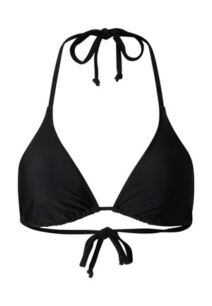 Black triangle bikini top with adjustable ties at neck and back, made of smooth fabric.