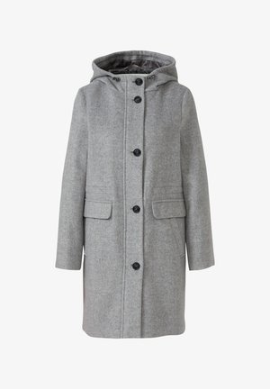 Gray wool coat with a hood, six black buttons, two front pockets, and a plaid lining. Straight cut and mid-length design.