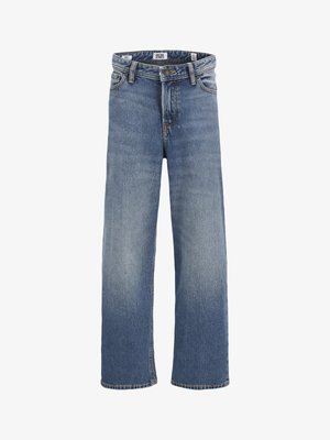 Light blue denim jeans with a straight leg design, five pockets, and a button closure. Distressed texture near the knees.