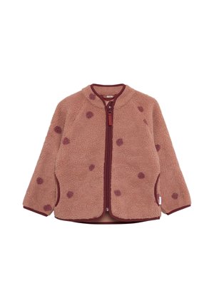 Pink fleece jacket with maroon polka dots, maroon trim, front zipper, and long sleeves displayed on a white background.