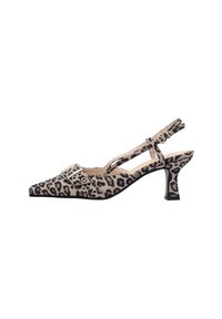 Leopard-print slingback heels with a pointed toe, suede texture, silver buckle accents, and a low, chunky heel for stability.