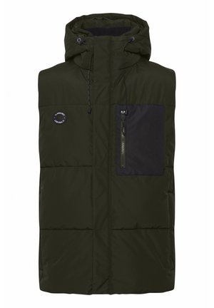 Gevoerde vest in donkergroen nylon met een capuchon, voorzien van een zwarte borstzak en een rits aan de voorkant. Inclusief trekken en logo-accent.