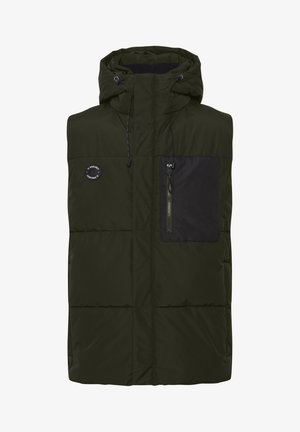 Gilet imbottito in nylon verde scuro con cappuccio, dotato di tasca sul petto nera e zip frontale. Include stringhe di regolazione e un dettaglio con logo.