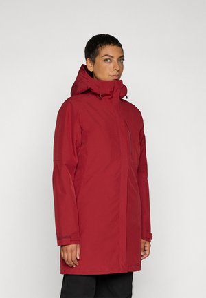 Rode waterdichte winterjas met hoge kraag, verstelbare capuchon en ritszakken. Heeft een rechte snit en een gladde stoftextuur.