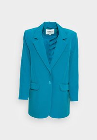 Teal bleiseri, joka on valmistettu sileästä kankaasta ja jossa on viistetty kaulus, yksinkertainen napitus ja kaksi etutaskua suoralinjaisella muotoilulla.