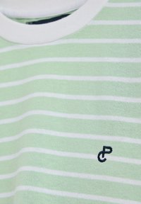 Grönrandig skjorta med vita ränder. Mjuk bomullsmaterial, med en rund vit halsringning och en liten marinblå logga på bröstet.