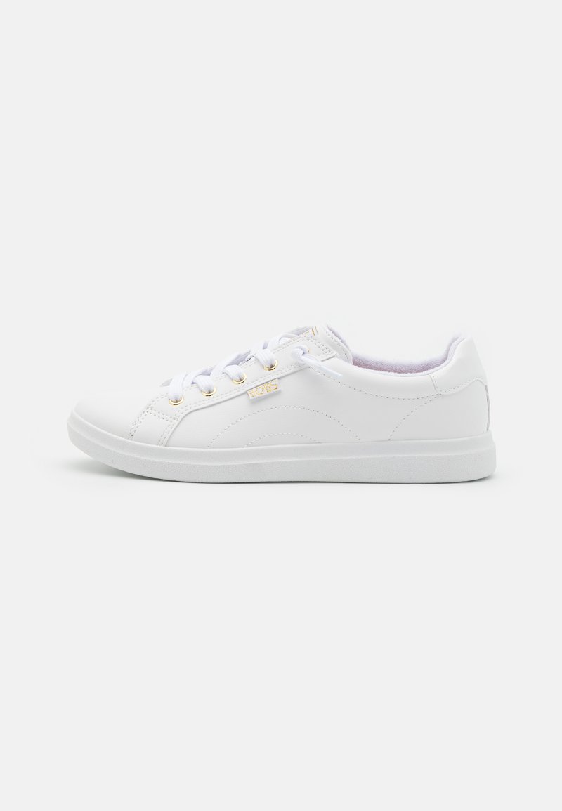 White sneakers with a smooth leather upper, rounded toe, flat white sole, and white laces with gold-toned eyelets and logo detail.