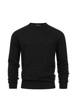 Fekete kötött pulóver kerek nyakkivágással, bordás mandzsettákkal és alsó szegéllyel. Puha anyagból készült, sima textúrával. Diszkrét logó akcentussal az alsó szegélyen.