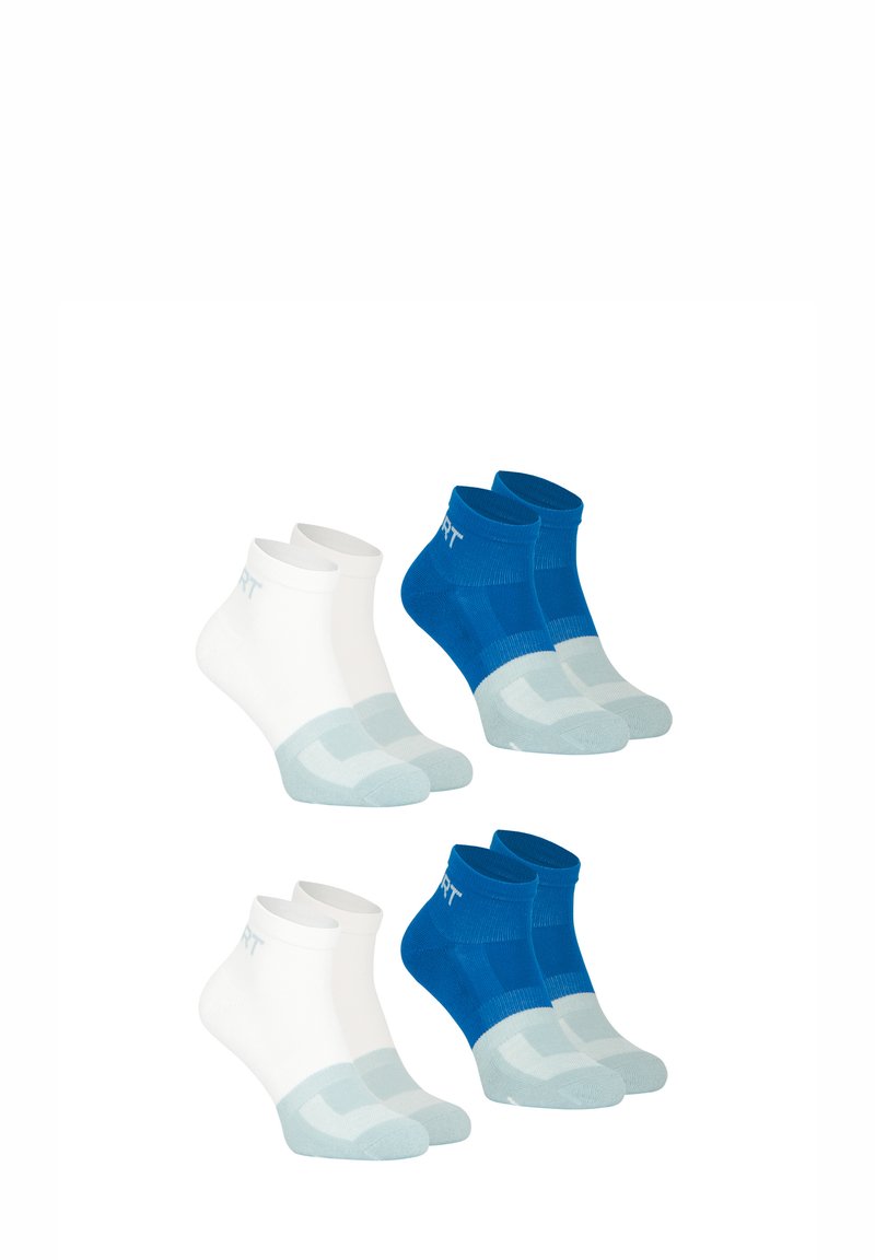 Quatre paires de chaussettes de cheville : deux blanches avec des accents bleu clair et deux bleues avec des accents bleu clair, fabriquées en tissu extensible avec logo.