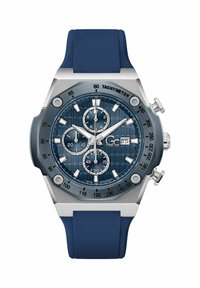 Hronogrāfa pulkstenis ar zilu fakturētu ciparnīgu, nerūsējošā tērauda korpusu, sudraba akcentiem un zilu gumijas siksniņu. Iekļauj takimetra skalas funkciju.