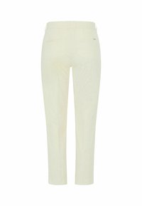 Helle, gerade geschnittene Hosen aus weichem Stoff. Merkmale sind eine mittlere Bundhöhe, zwei Gesäßtaschen und eine glatte Textur.