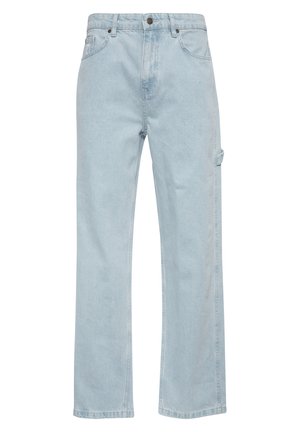 Light blue denim jeans with a straight-leg design, featuring front and back pockets and a side cargo pocket. Smooth texture, casual style.