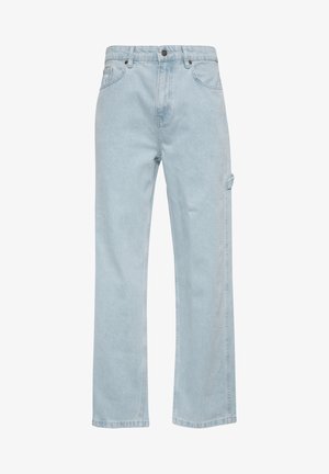 Lys blå denim jeans med rett ben-design, som har front- og baklommer samt en side cargo-lomme. Jeansen har en glatt tekstur og en uformell stil.