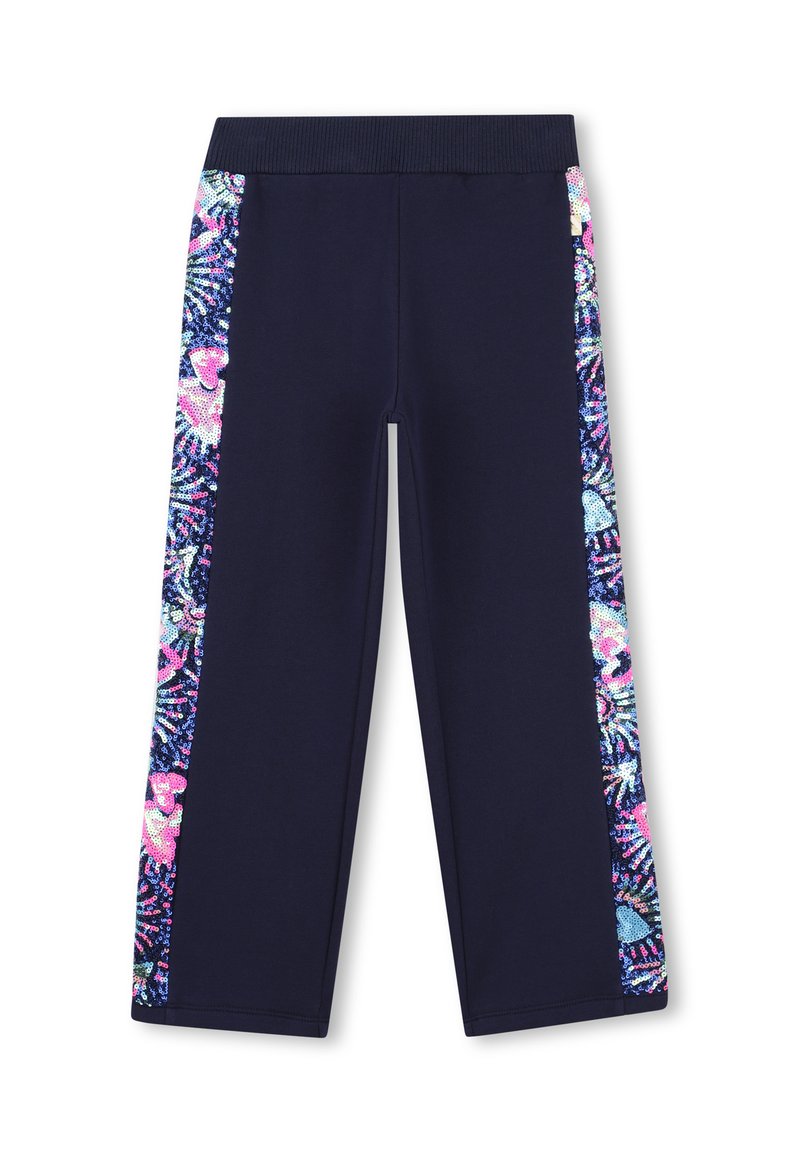 Leggings blu navy con vita elastica testurizzata, caratterizzati da pannelli laterali colorati e a fantasia. Il materiale è elasticizzato e traspirante.