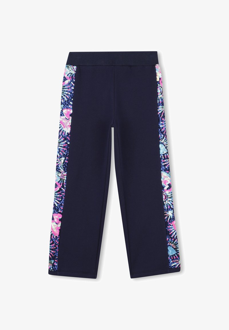 Leggings blu navy con vita elastica testurizzata, caratterizzati da pannelli laterali colorati e a fantasia. Il materiale è elasticizzato e traspirante.