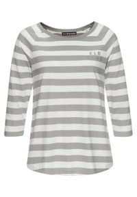 Grau-weiß gestreiftes Langarmshirt mit Rundhalsausschnitt und kleinem Logo-Druck auf der linken Seite. Weicher Stoff und entspannte Passform.