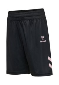 Sorte sportsshorts med elastisk talje, med lyserødt Hummel-logo og chevronstriber på højre ben.