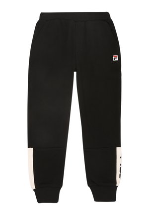 Schwarze Jogginghose aus weichem Stoff, mit Seitentaschen, elastischen Bündchen und einem weißen Akzent mit Logodetail am linken Bein.