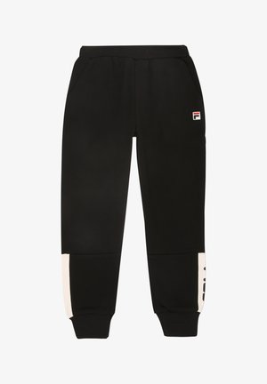 Schwarze Jogginghose aus weichem Stoff, mit Seitentaschen, elastischen Bündchen und einem weißen Akzent mit Logodetail am linken Bein.