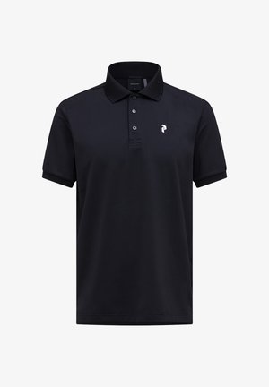 Zwart polohemd met korte mouwen, drieknops placket en klein wit logo op de linkerborst.