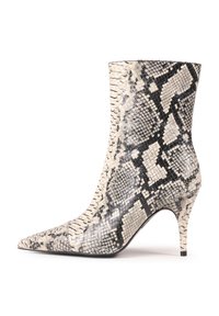 Kozačky s špičatou špičkou a kotníkovou délkou, vyrobené z texturovaného hadího vzoru. Barvy zahrnují odstíny béžové a černé. Úzký podpatek a elegantní silueta.