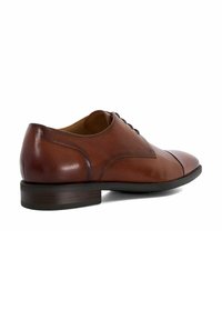 Brown leather dress shoe with a rounded toe, lace-up design, and a slight heel. Features smooth texture and subtle stitching details.