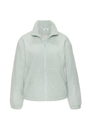 Hellgraue gesteppte Jacke mit geripptem Muster, durchgehendem Frontreißverschluss, hohem Kragen und elastischen Bündchen.