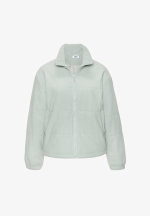 Light gray padded jacket with ribbed texture, full front zipper, high collar, and elastic cuffs.