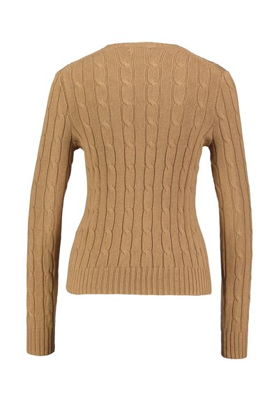 Maglione a trecce di colore marrone chiaro, con un motivo testurizzato, maniche lunghe e una silhouette aderente. Polsini e orlo a costine.