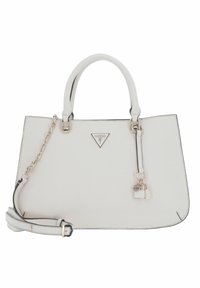 Borsa a mano in materiale sintetico bianco con design strutturato, manici superiori doppi e tracolla rimovibile. Presenta dettagli in metallo argentato e accenti con logo.