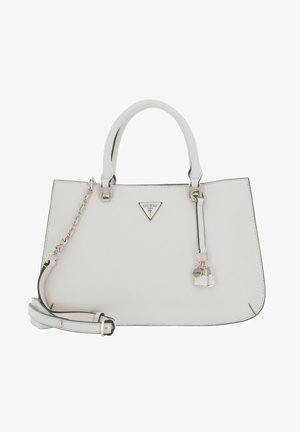 Borsa a mano in materiale sintetico bianco con design strutturato, manici superiori doppi e tracolla rimovibile. Presenta dettagli in metallo argentato e accenti con logo.