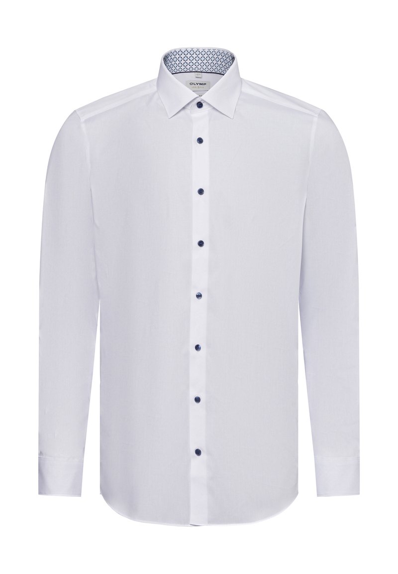 Weißes Langarmhemd mit klassischem Kragen, ausgestattet mit dunklen Knöpfen und einem gemusterten blauen Innenkragen. Hergestellt aus glattem, leichtem Stoff.