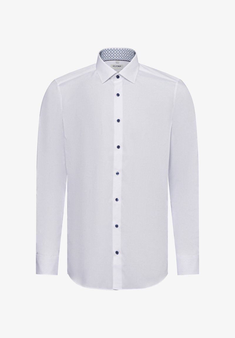 Weißes Langarmhemd mit klassischem Kragen, ausgestattet mit dunklen Knöpfen und einem gemusterten blauen Innenkragen. Hergestellt aus glattem, leichtem Stoff.