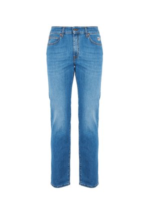 Jeans in denim blu con taglio dritto, design a cinque tasche e un leggero effetto sbiadito. Presentano una chiusura frontale con bottone e zip. Dettagli di cucitura classici.