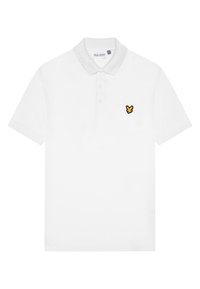 Polo bianco a maniche corte con colletto e tre bottoni, caratterizzato da un piccolo logo di un uccellino giallo e nero sul lato sinistro del petto.