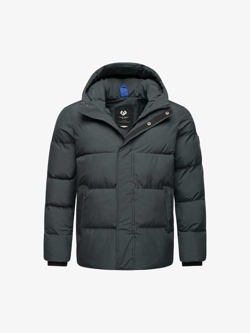 Chaqueta de plumas gris oscuro con capucha, cierre frontal con cremallera y bolsillos laterales. Presenta un diseño acolchado y puños de canalé para mayor calidez. Acercamiento para ver los detalles.